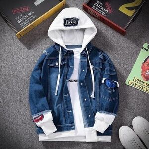 Team Apparel Blue Denim Varsity Jacket with White Hood